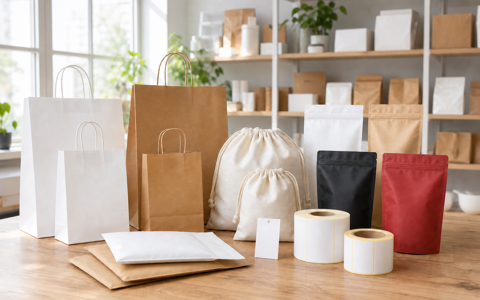 新商家包装样品间里的手提袋、抽绳袋、贴标袋和标签卷