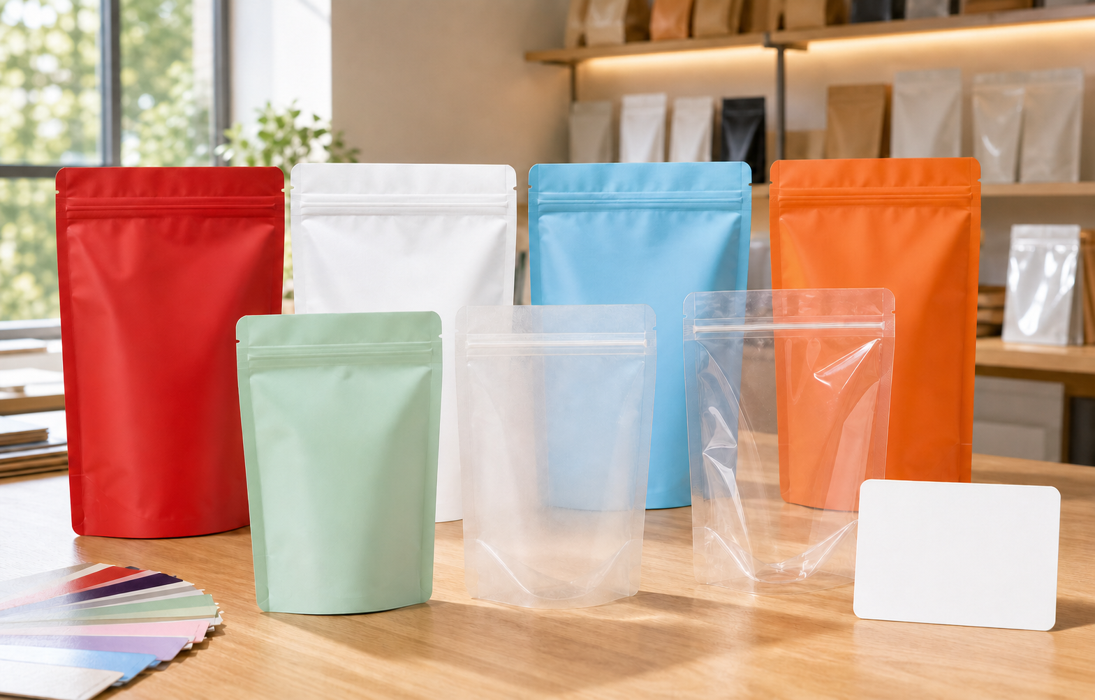 明亮样品间里的多色空白拉链袋和选品样卡